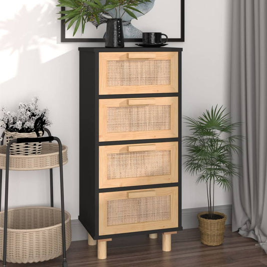 Sideboard Schwarz 40x30x90cm Massivholz Kiefer und Natur-Rattan