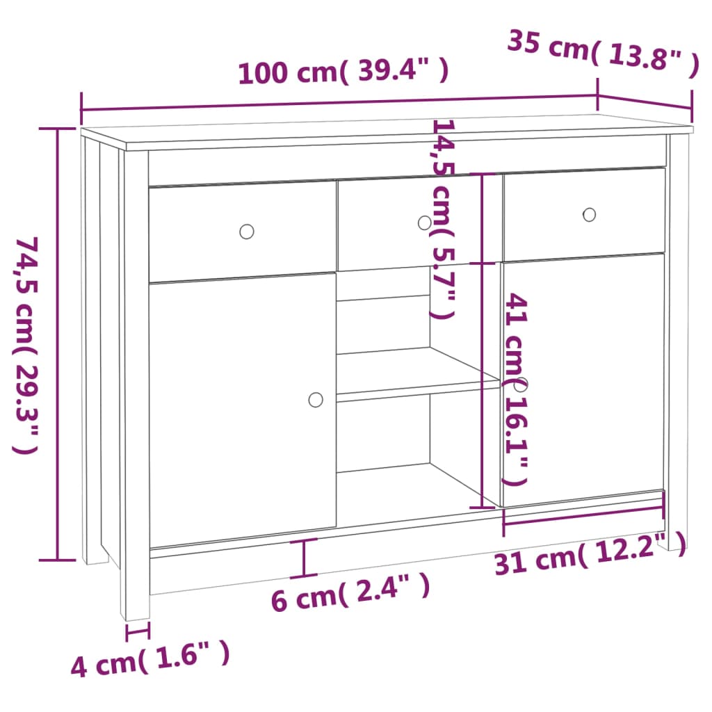 Sideboard Weiß 100x35x74,5 cm Massivholz Kiefer