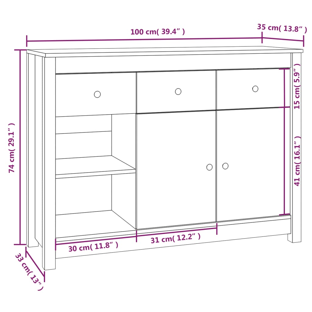 Sideboard Weiß 100x35x74 cm Massivholz Kiefer