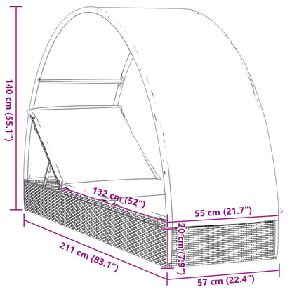 Sonnenliege mit Runddach Braun 211x57x140 cm Poly Rattan