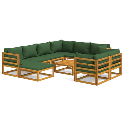 10-tlg. Garten-Lounge-Set mit Grünen Kissen Massivholz