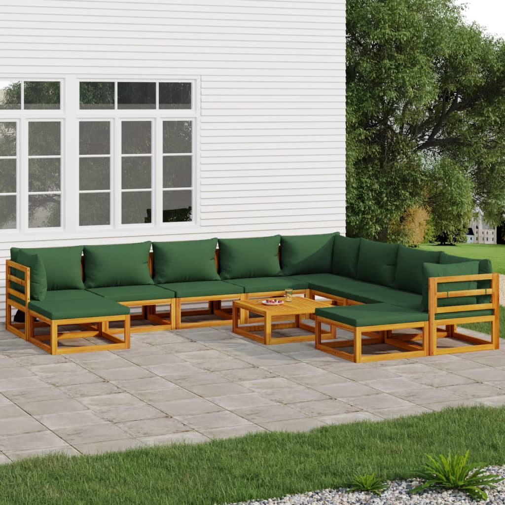 11-tlg. Garten-Lounge-Set mit Grünen Kissen Massivholz