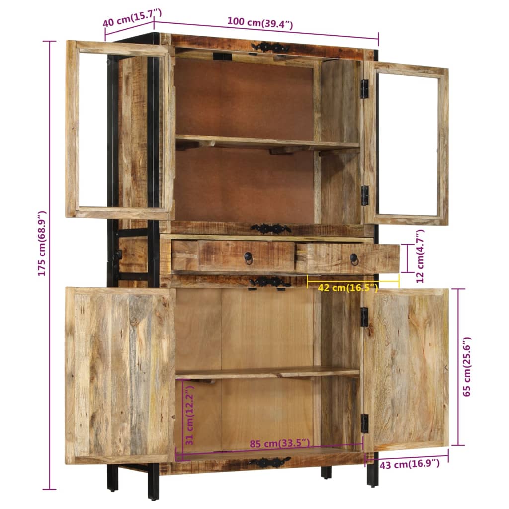 vidaXL Highboard 100x40x175 cm Massives Raues Mangoholz