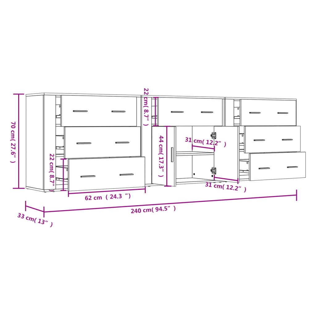 Sideboards 3 Stk. Schwarz Holzwerkstoff