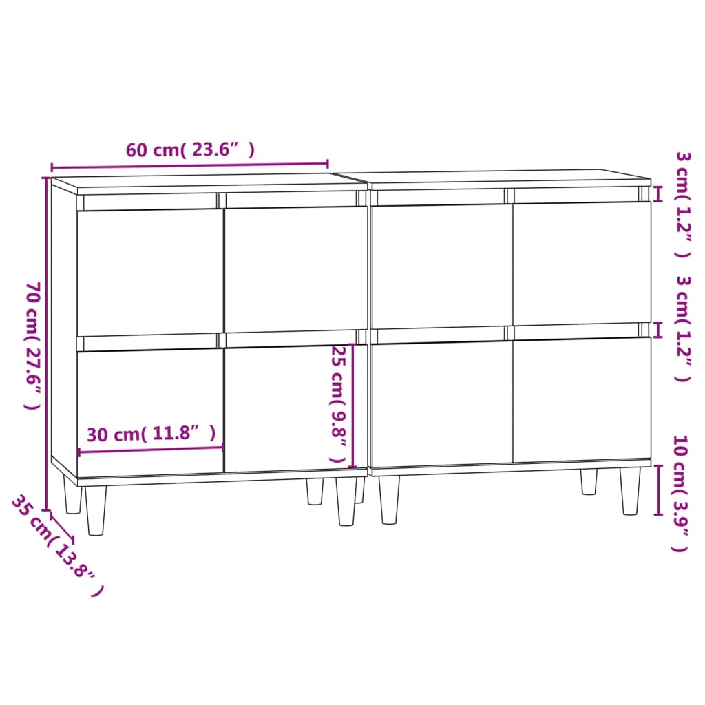 Sideboards 2 Stk. Hochglanz-Weiß 60x35x70 cm Holzwerkstoff