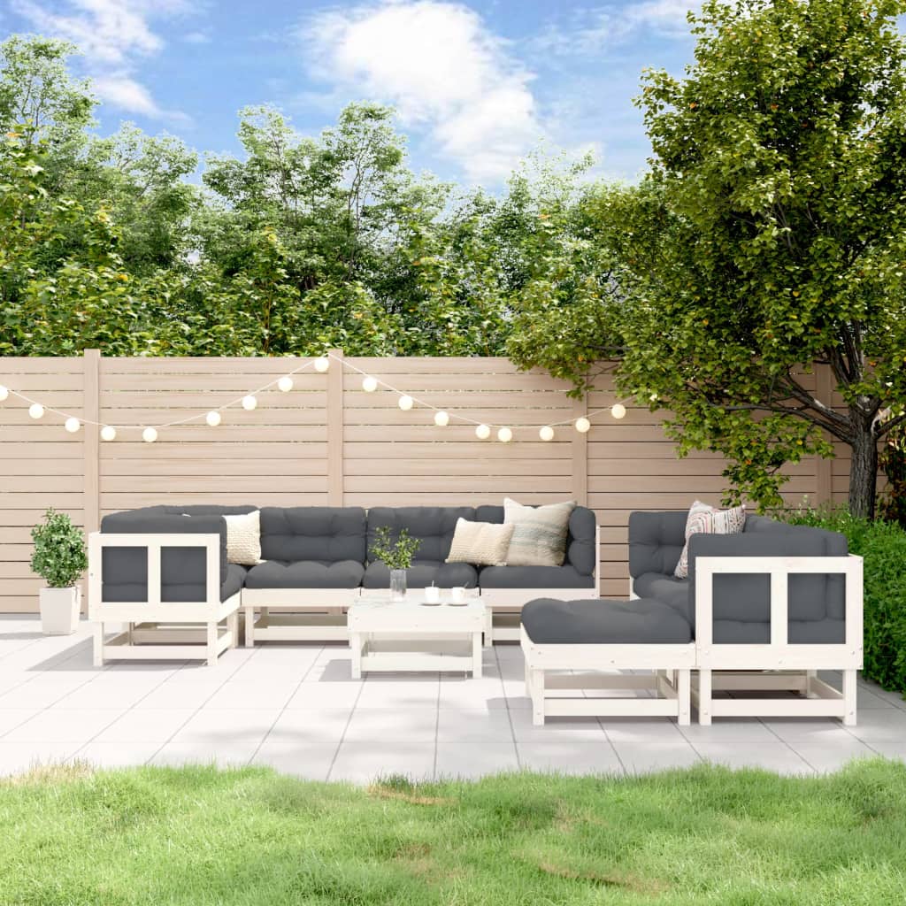 10-tlg. Garten-Lounge-Set mit Kissen Weiß Massivholz