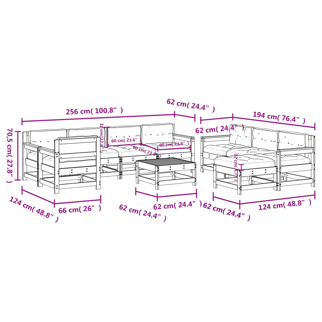 10-tlg. Garten-Lounge-Set mit Kissen Grau Massivholz