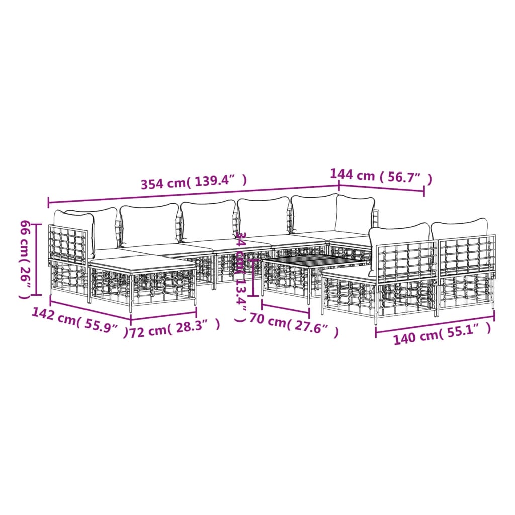 10-tlg. Garten-Lounge-Set mit Kissen Anthrazit Poly Rattan