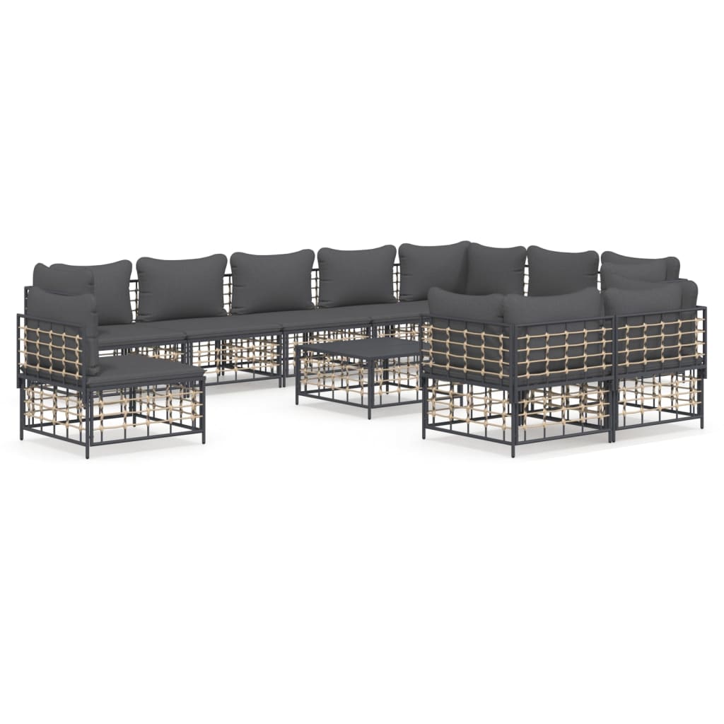 11-tlg. Garten-Lounge-Set mit Kissen Anthrazit Poly Rattan