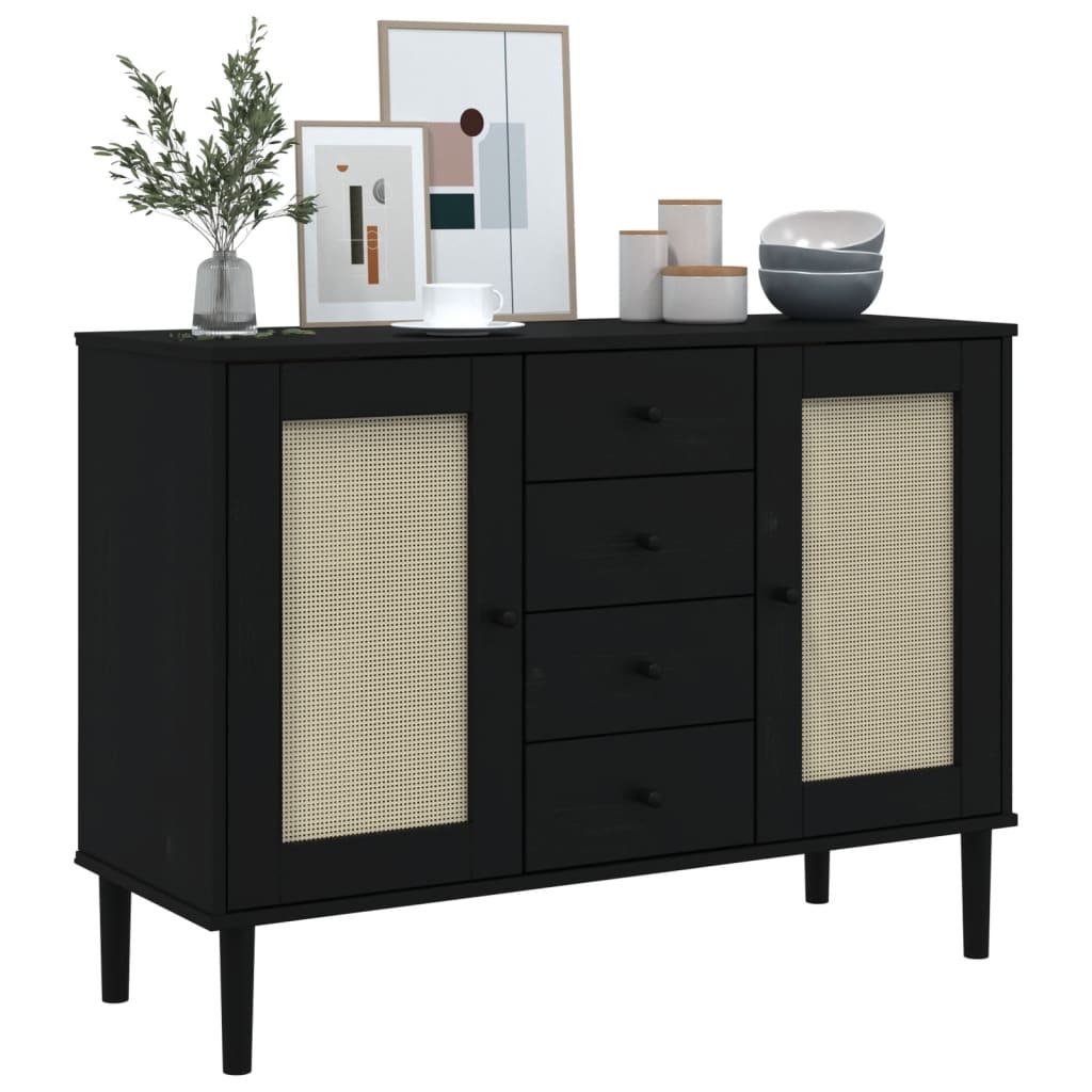 Sideboard SENJA Rattan-Optik Schwarz 112x40x80 cm Kiefernholz