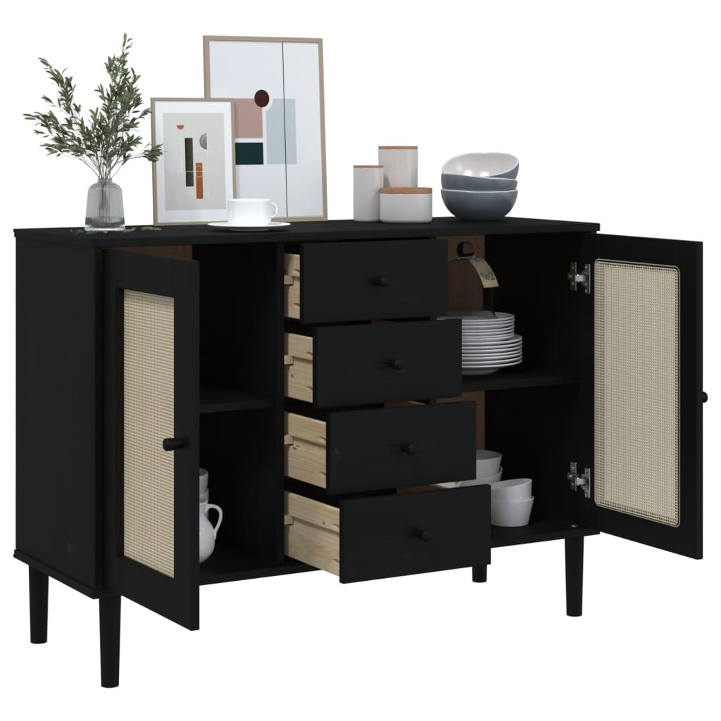 Sideboard SENJA Rattan-Optik Schwarz 112x40x80 cm Kiefernholz