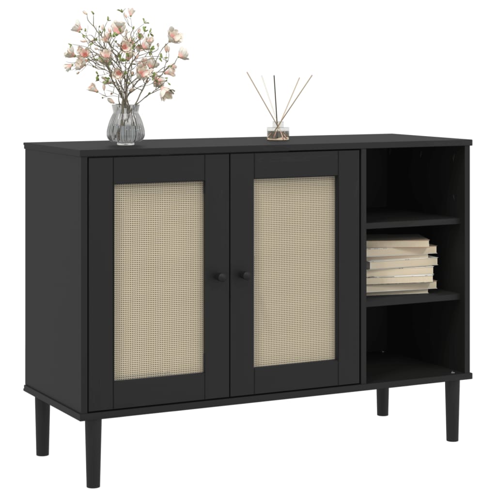 Sideboard SENJA Rattan-Optik Schwarz 112x40x80 cm Kiefernholz