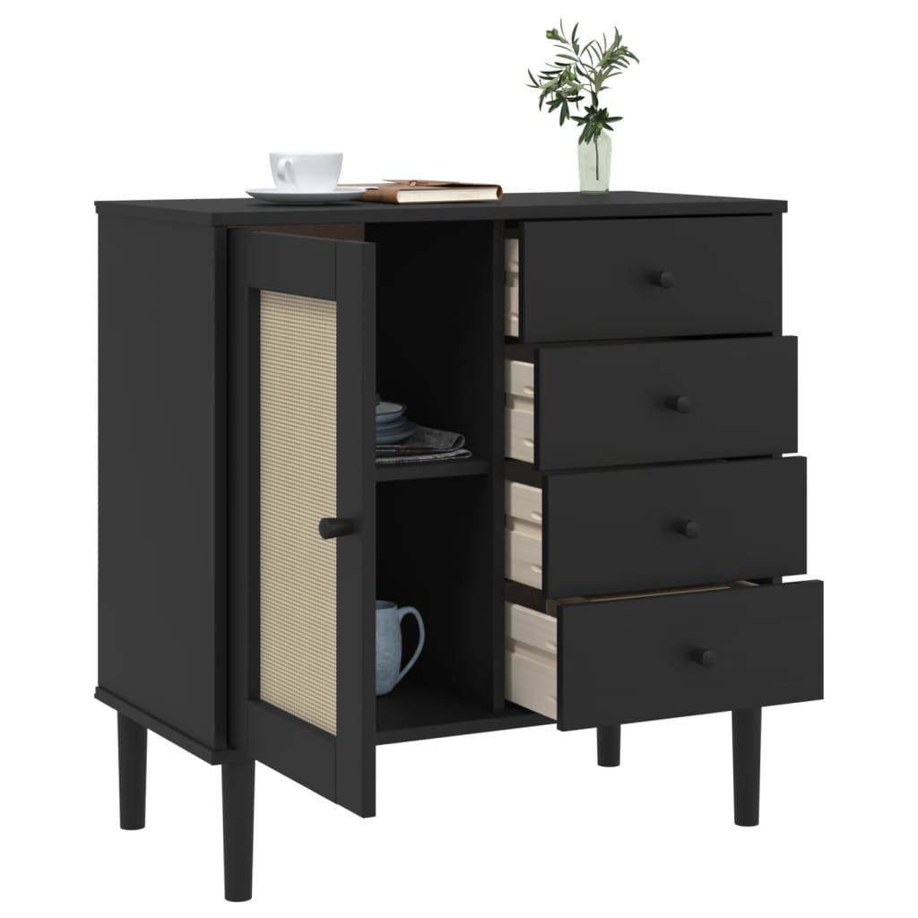 Sideboard SENJA Rattan-Optik Schwarz 80x40x80 cm Kiefernholz