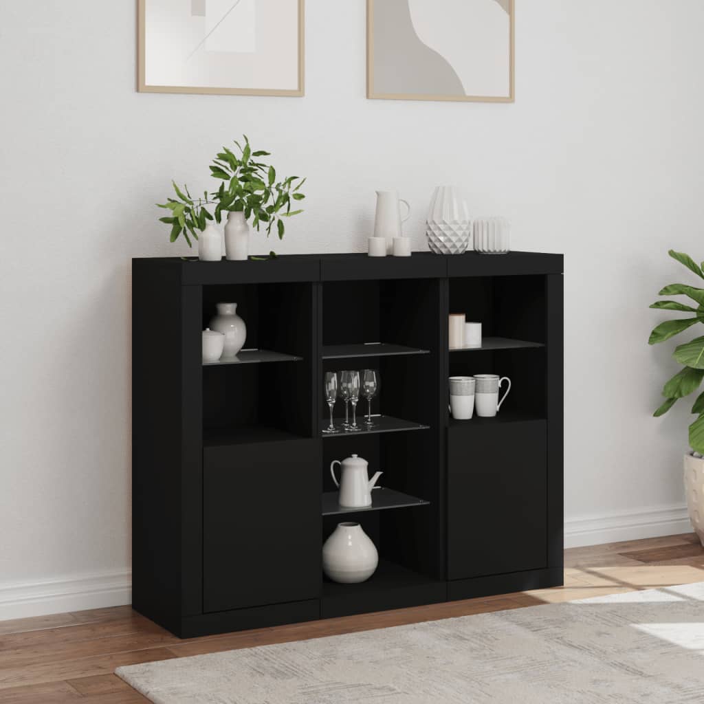 Sideboards mit LED-Leuchten 3 Stk. Schwarz Holzwerkstoff