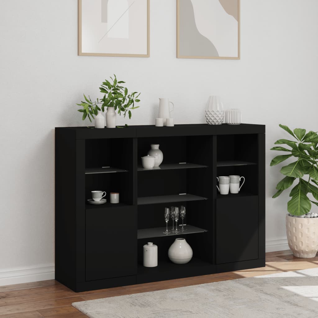 Sideboards mit LED-Leuchten 3 Stk. Schwarz Holzwerkstoff