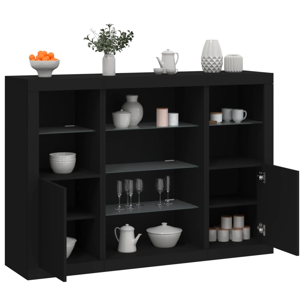 Sideboards mit LED-Leuchten 3 Stk. Schwarz Holzwerkstoff