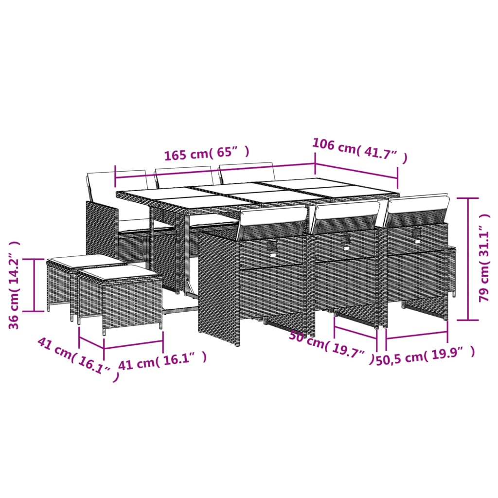 11-tlg. Garten-Essgruppe mit Kissen Schwarz Poly Rattan