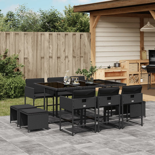 11-tlg. Garten-Essgruppe mit Kissen Schwarz Poly Rattan