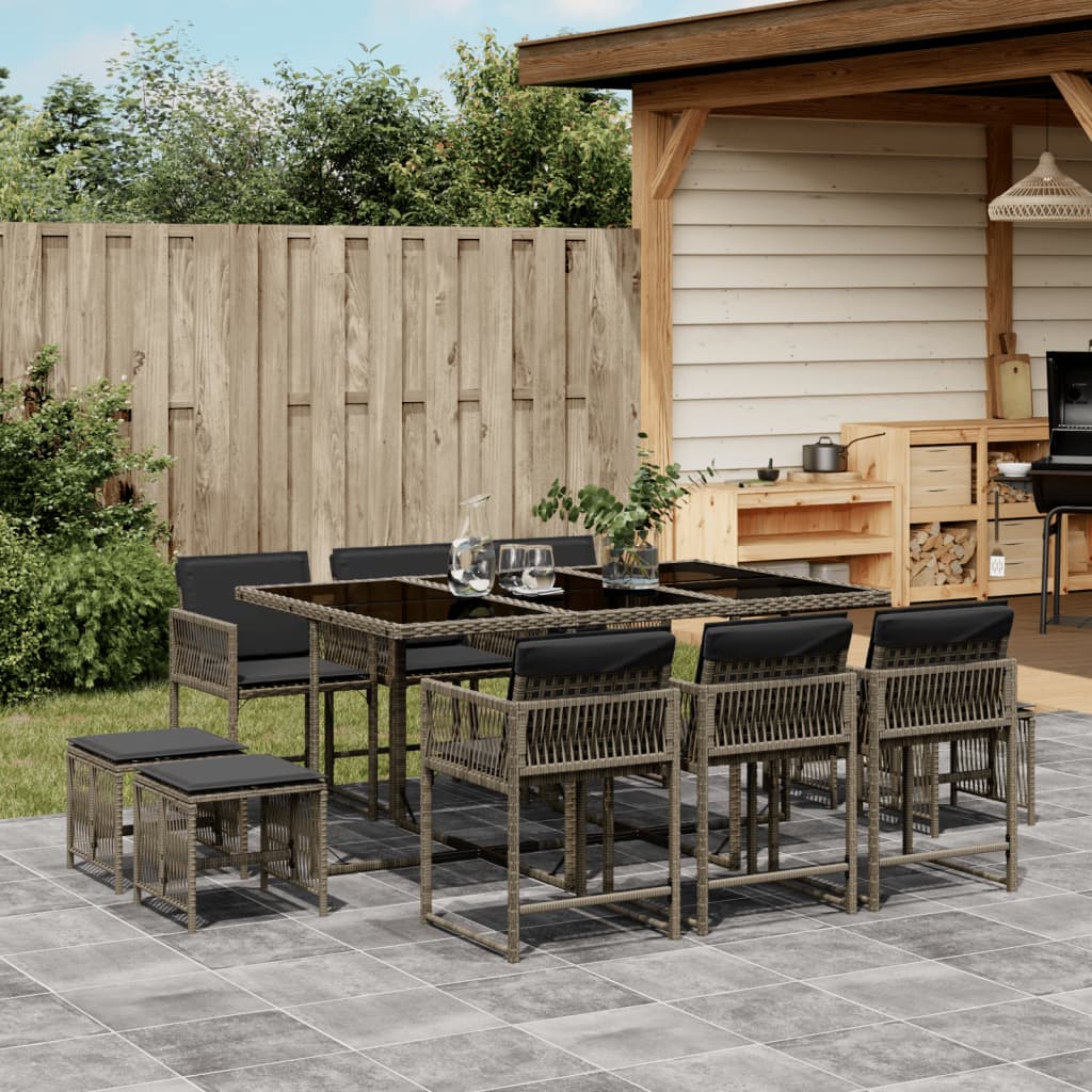 11-tlg. Garten-Essgruppe mit Kissen Grau Poly Rattan