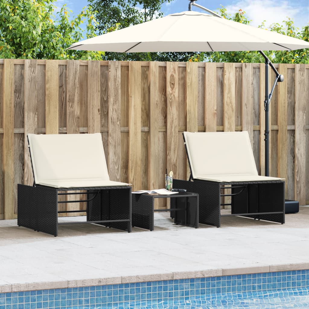 Sonnenliegen 2 Stk. mit Tisch Schwarz Poly Rattan