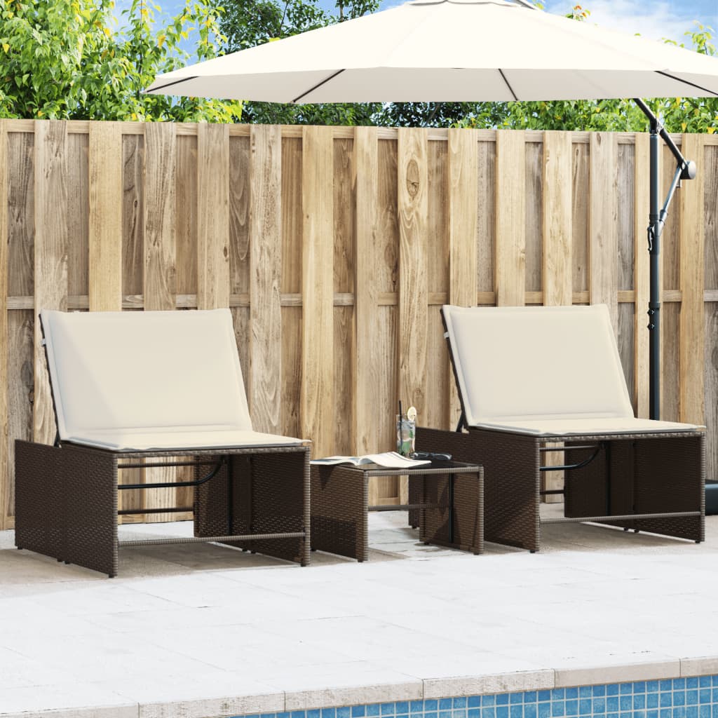 Sonnenliegen 2 Stk. mit Tisch Braun Poly Rattan