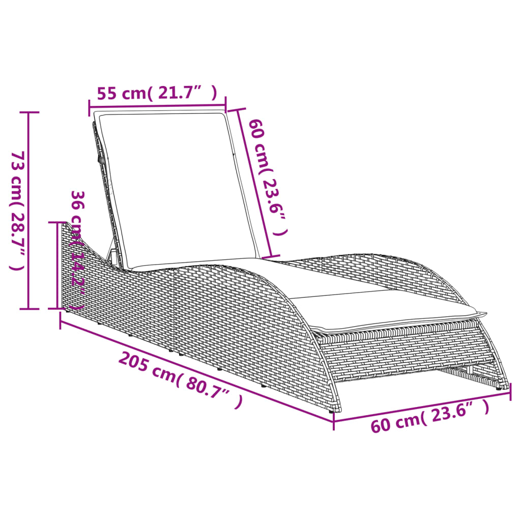 Sonnenliege mit Auflage Braun 60x205x73 cm Poly Rattan