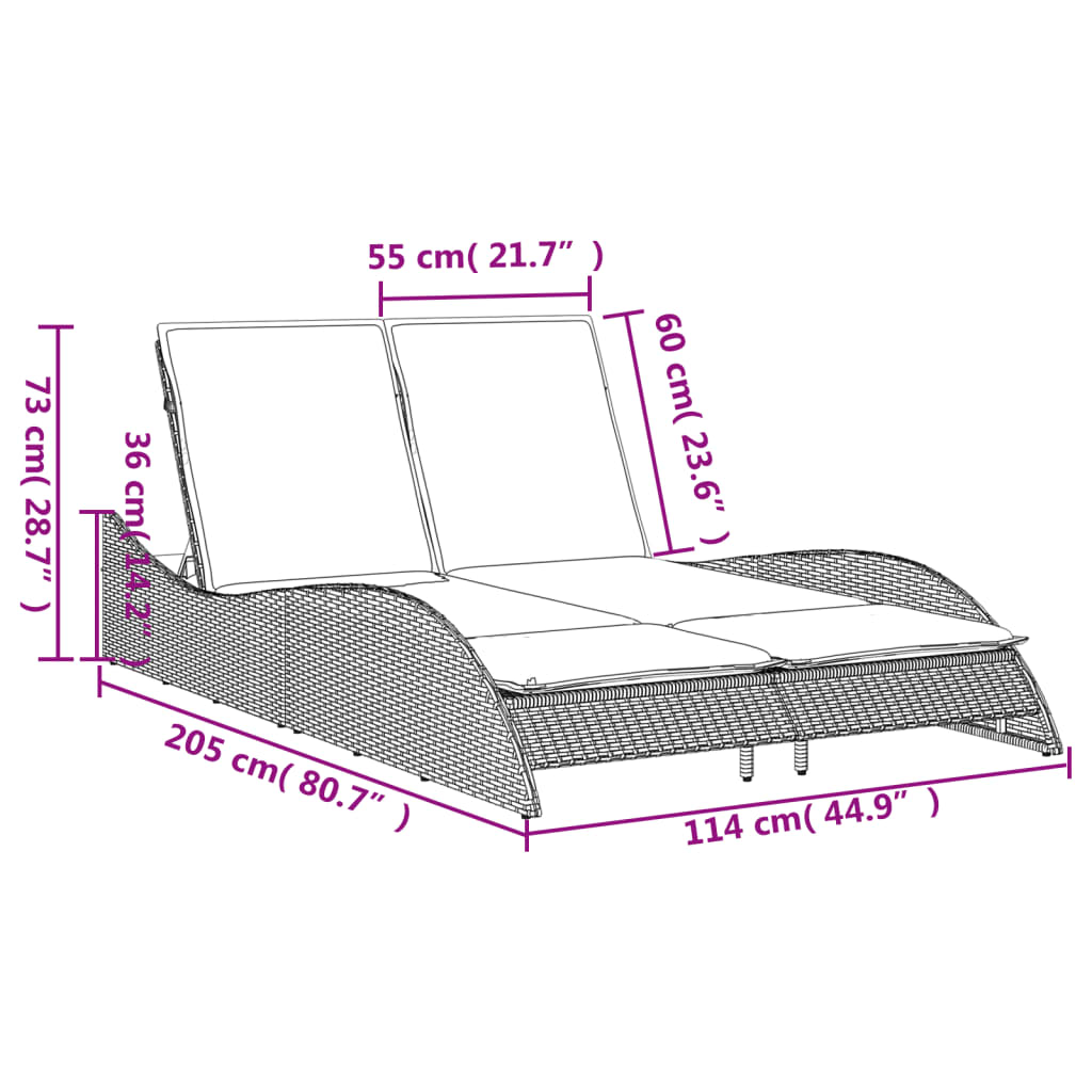 Sonnenliege mit Auflagen Hellgrau 114x205x73 cm Poly Rattan