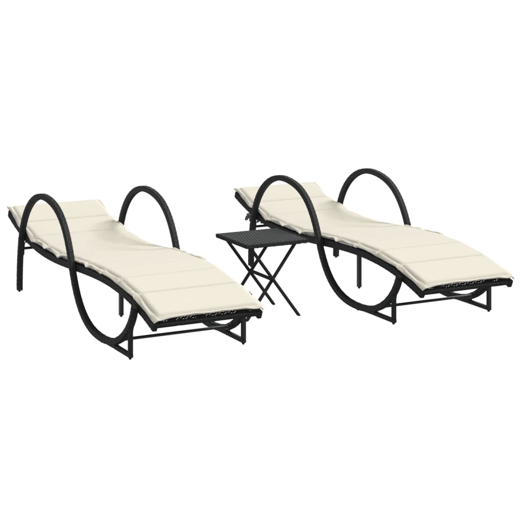 Sonnenliegen 2 Stk. mit Tisch Schwarz Poly Rattan