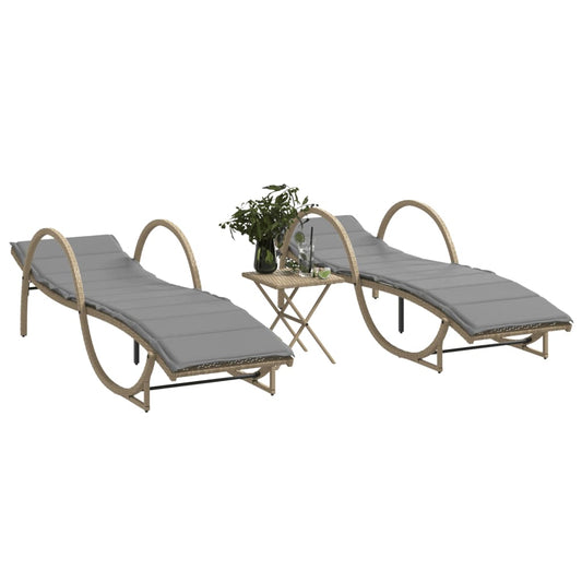 Sonnenliegen 2 Stk. mit Tisch Beige Poly Rattan