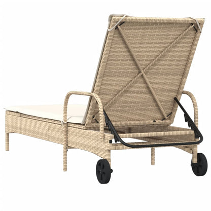 Sonnenliege mit Rollen und Auflage Beige Poly Rattan