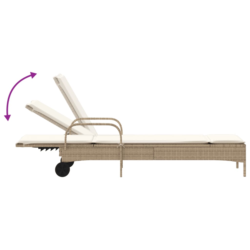 Sonnenliege mit Rollen und Auflage Beige Poly Rattan