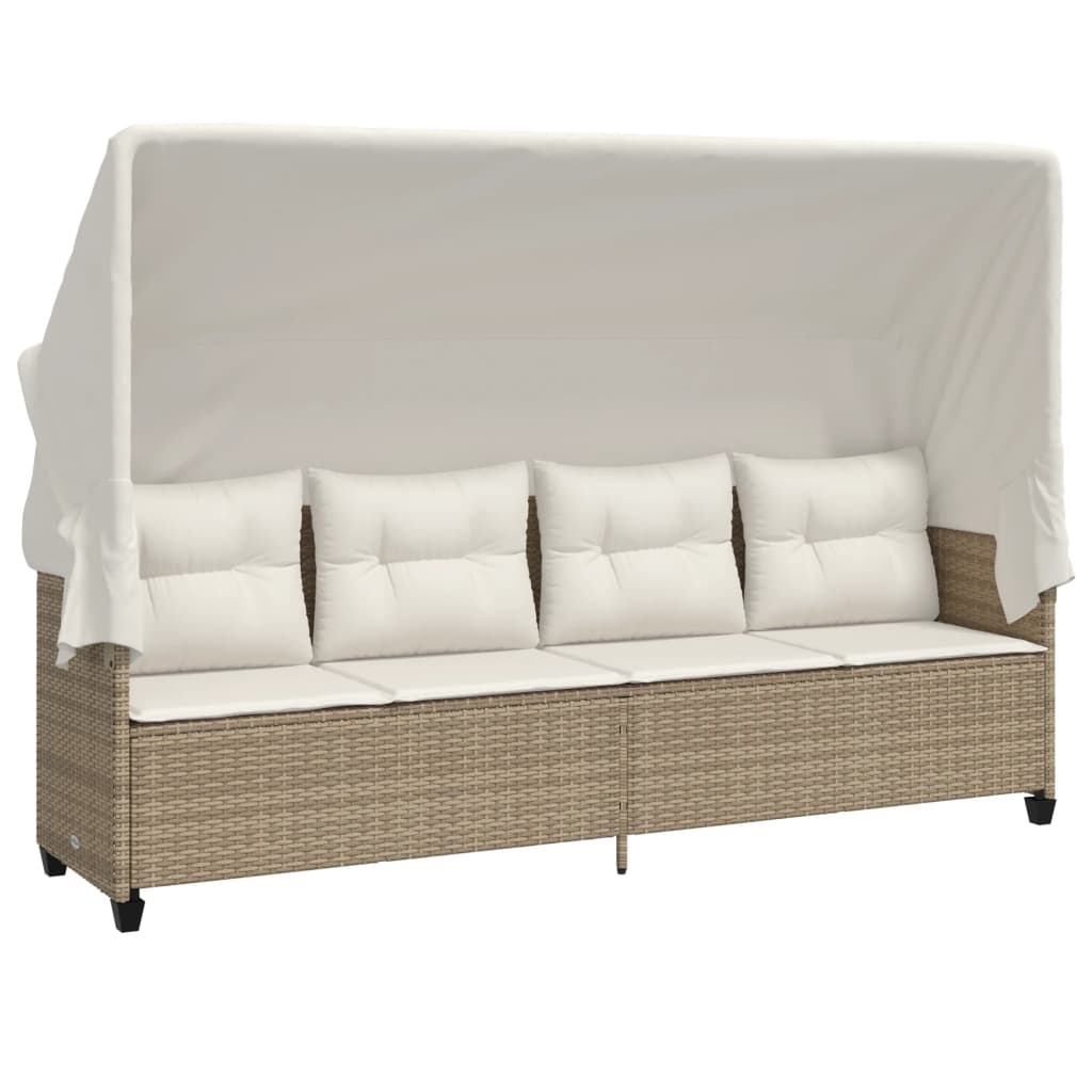 Sonnenliege mit Dach und Kissen Beige Poly Rattan