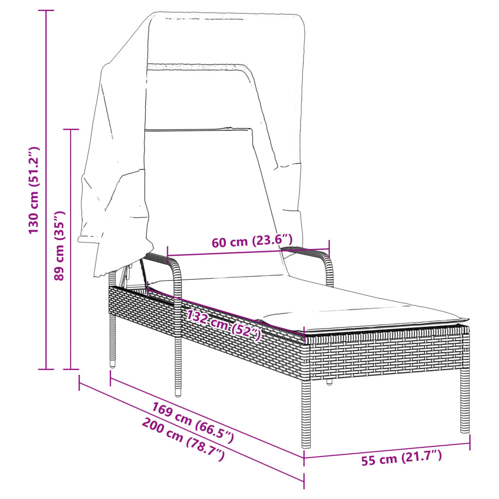 Sonnenliege mit Dach Schwarz Poly Rattan