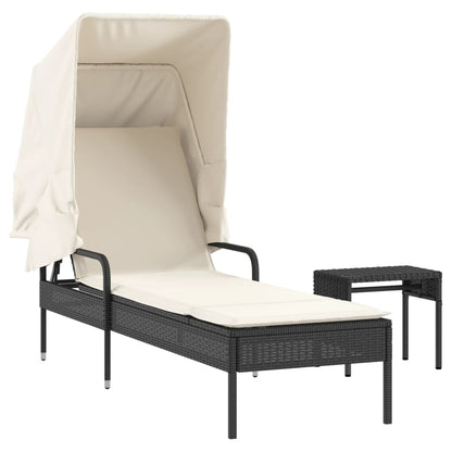 Sonnenliege mit Dach und Tisch Schwarz Poly Rattan