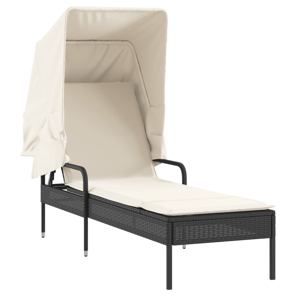 Sonnenliege mit Dach und Tisch Schwarz Poly Rattan