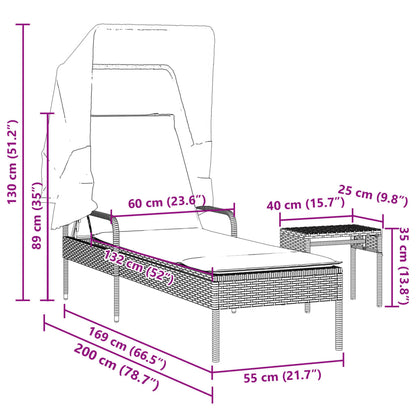 Sonnenliege mit Dach und Tisch Schwarz Poly Rattan