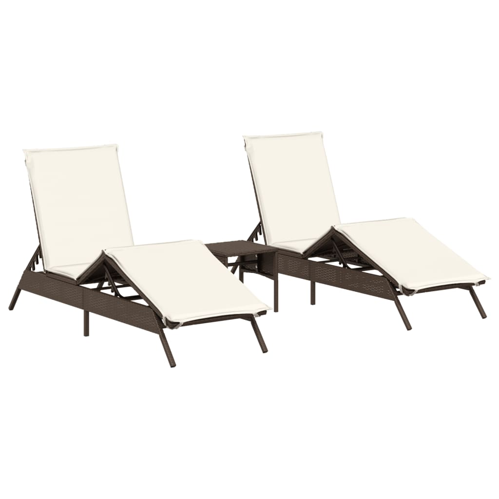 Sonnenliegen 2 Stk. mit Tisch Braun Poly Rattan