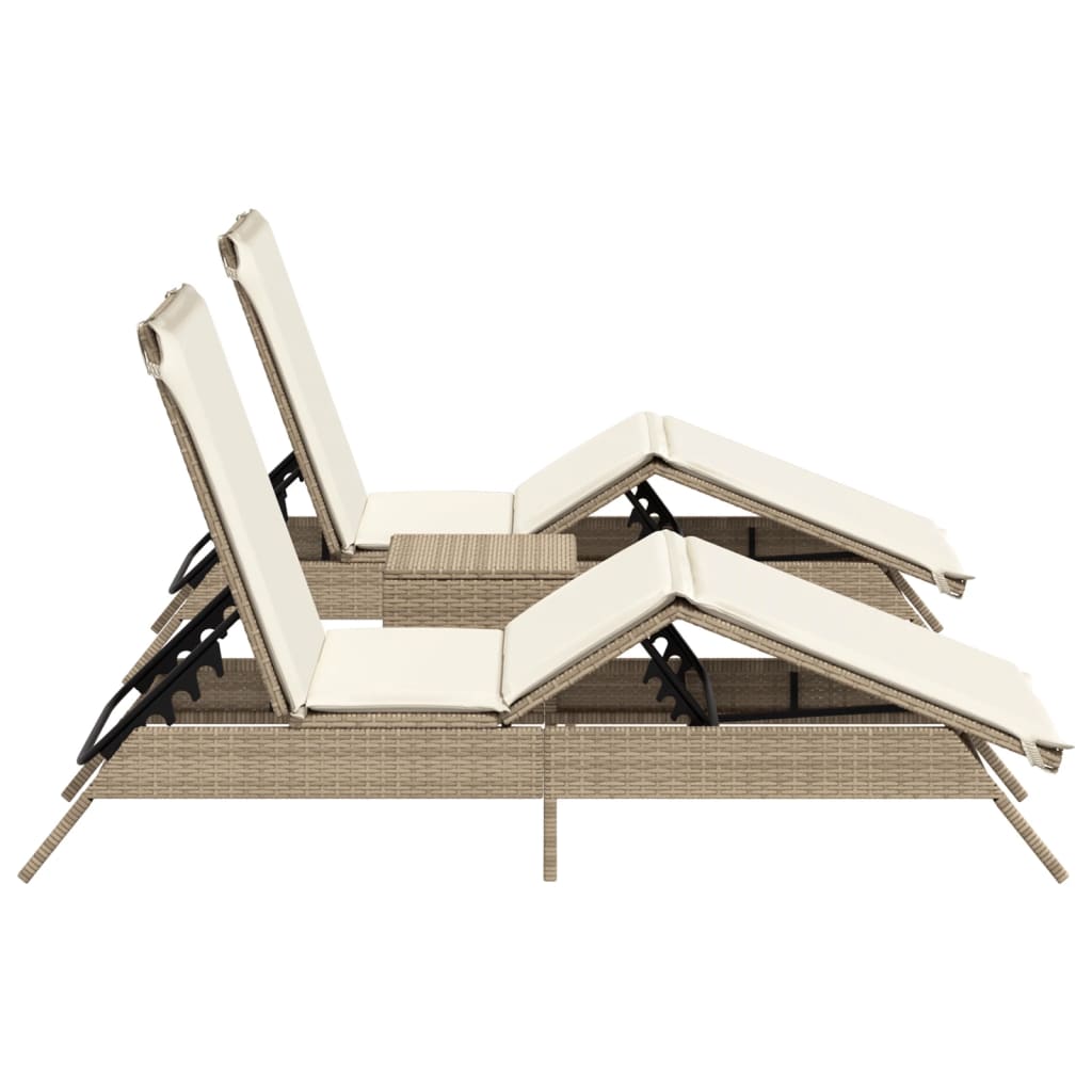 Sonnenliegen 2 Stk. mit Tisch Beige Poly Rattan