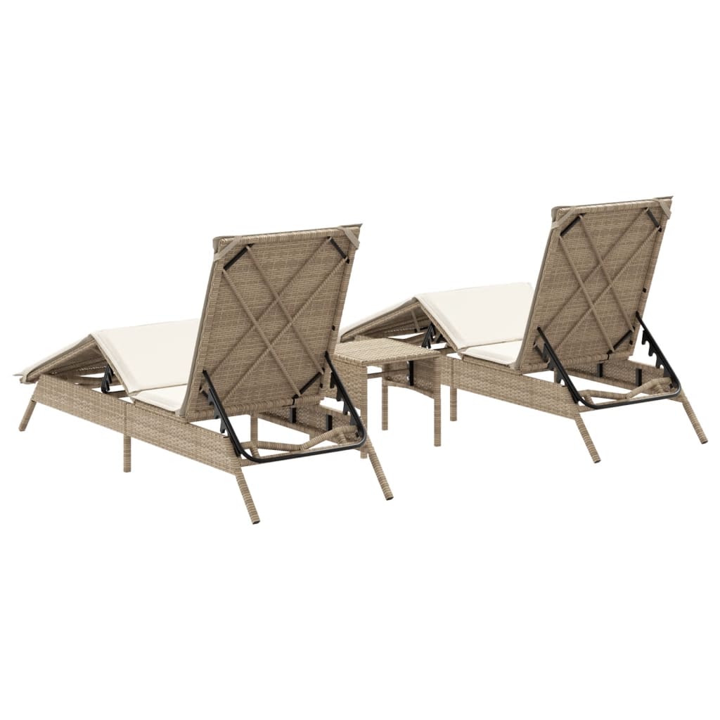 Sonnenliegen 2 Stk. mit Tisch Beige Poly Rattan