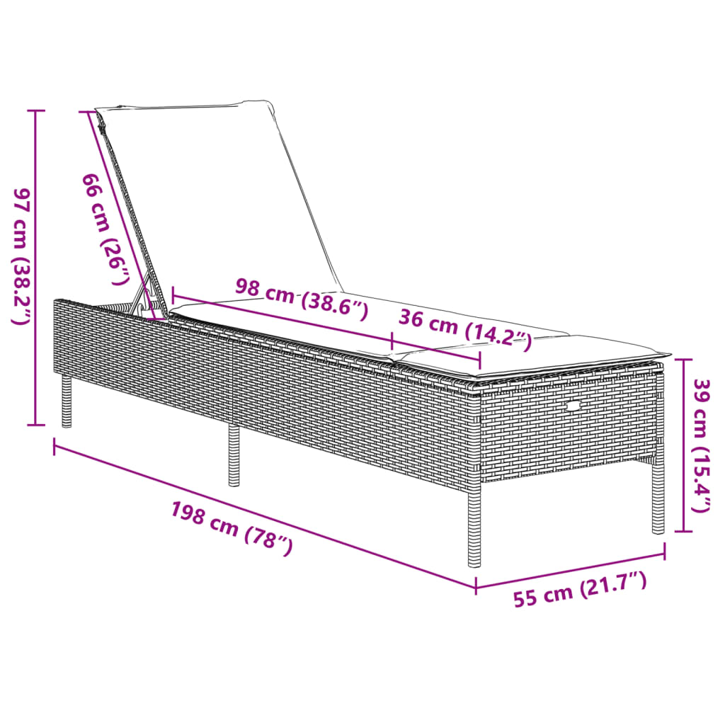 Sonnenliege mit Auflage Schwarz Poly-Rattan