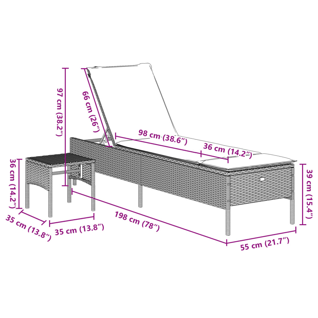 Sonnenliege mit Tisch und Auflage Schwarz Poly-Rattan