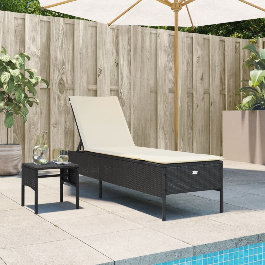 Sonnenliege mit Tisch und Auflage Schwarz Poly-Rattan