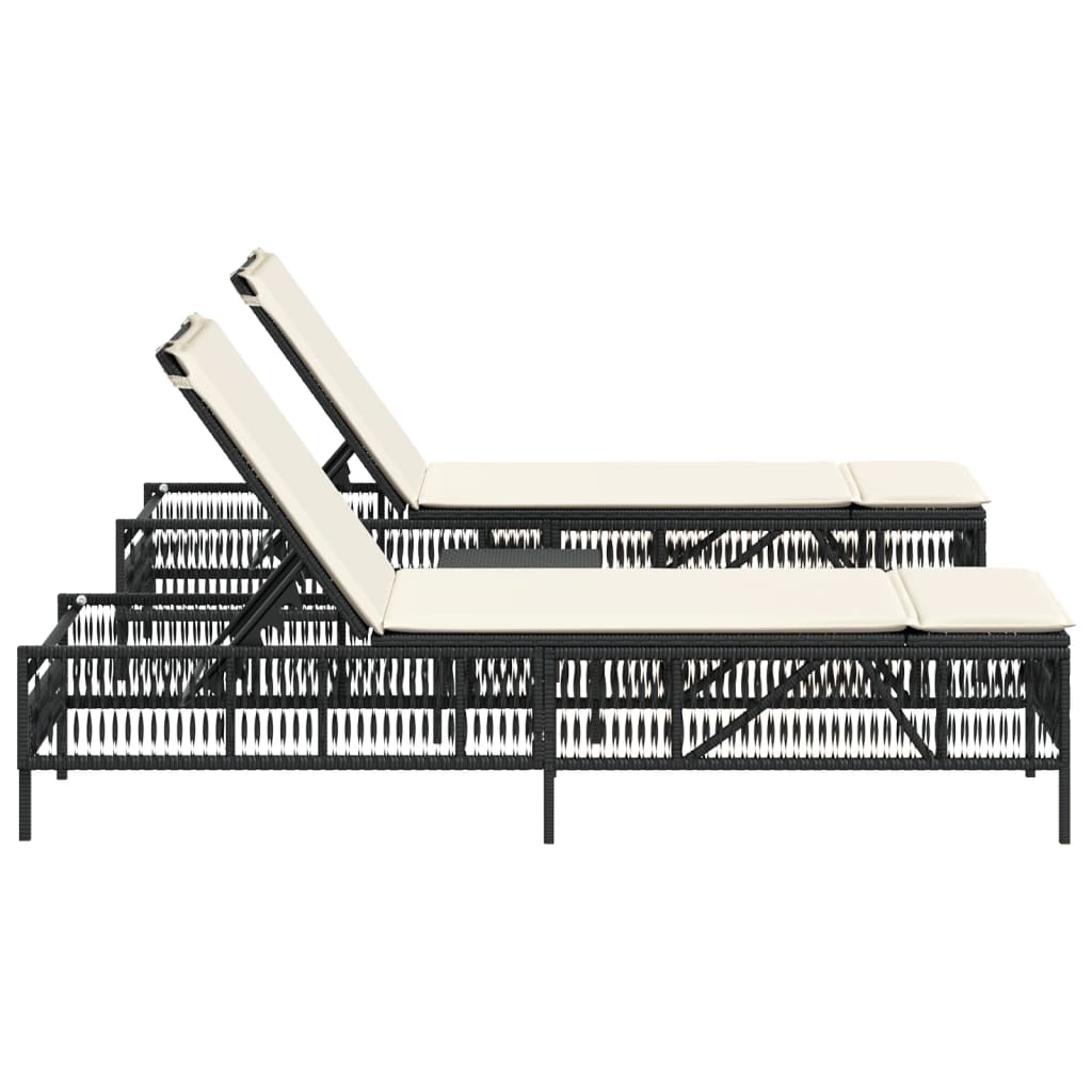 Sonnenliegen 2 Stk. mit Tisch Schwarz Poly Rattan