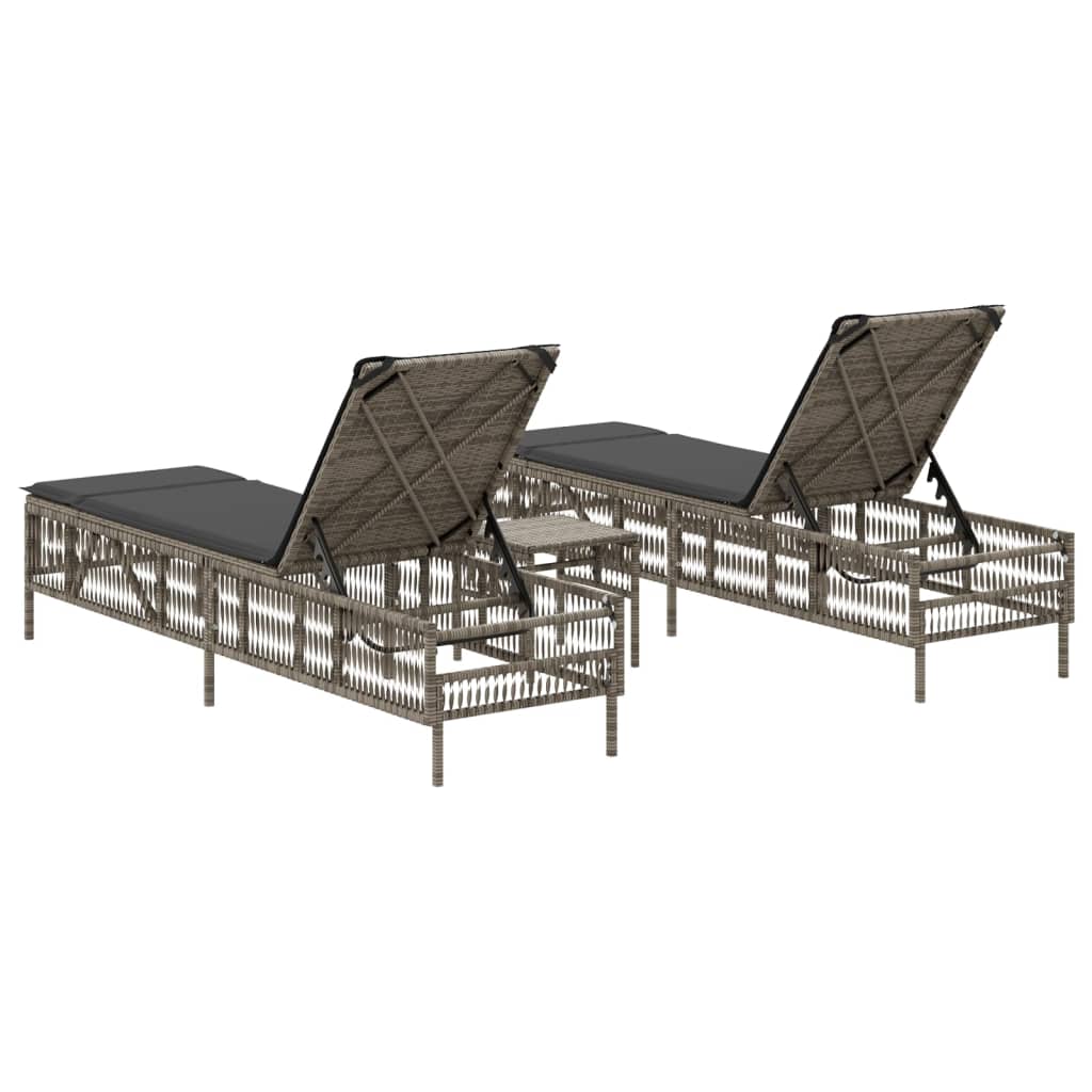 Sonnenliegen 2 Stk. mit Tisch Grau Poly Rattan