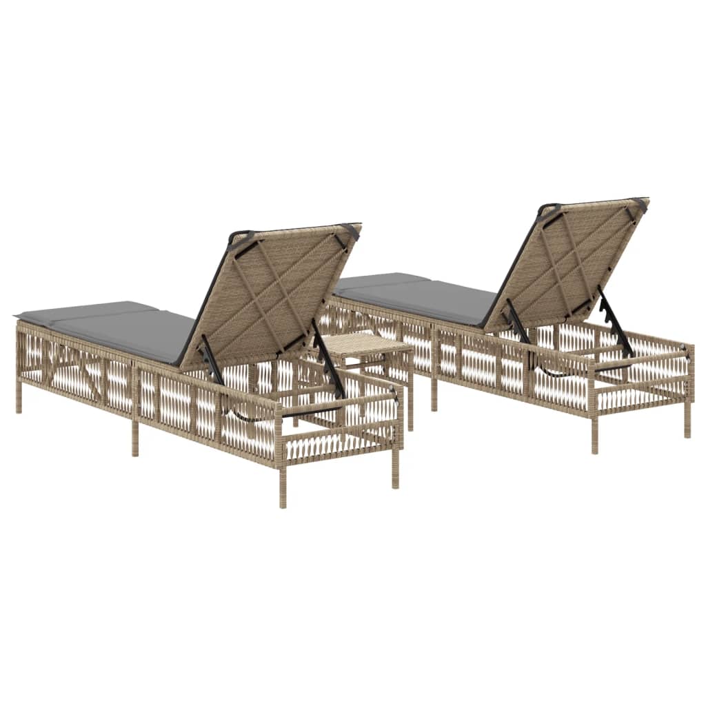 Sonnenliegen 2 Stk. mit Tisch Beige Poly Rattan