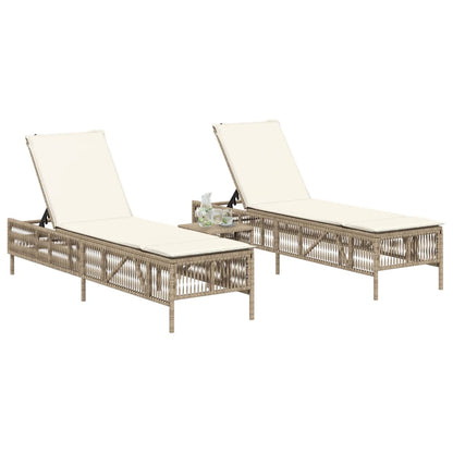 Sonnenliegen 2 Stk. mit Tisch Beige Poly Rattan