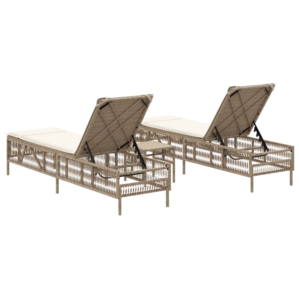 Sonnenliegen 2 Stk. mit Tisch Beige Poly Rattan