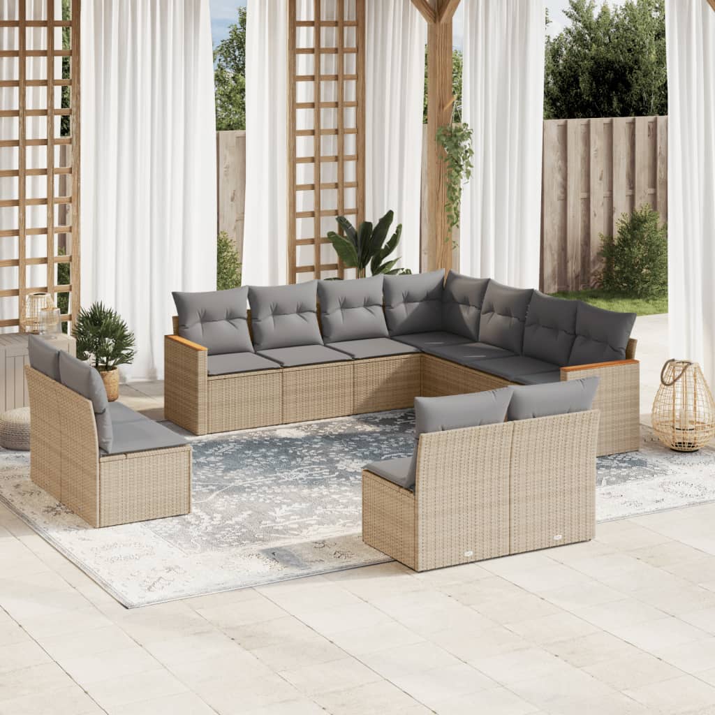 11-tlg. Garten-Sofagarnitur mit Kissen Beige Poly Rattan