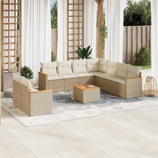 10-tlg. Garten-Sofagarnitur mit Kissen Beige Poly Rattan