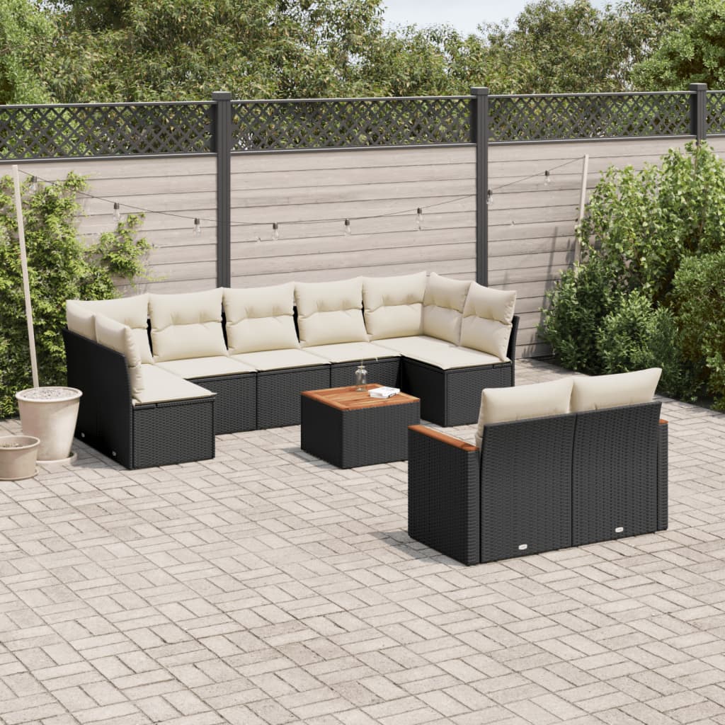 10-tlg. Garten-Sofagarnitur mit Kissen Schwarz Poly Rattan